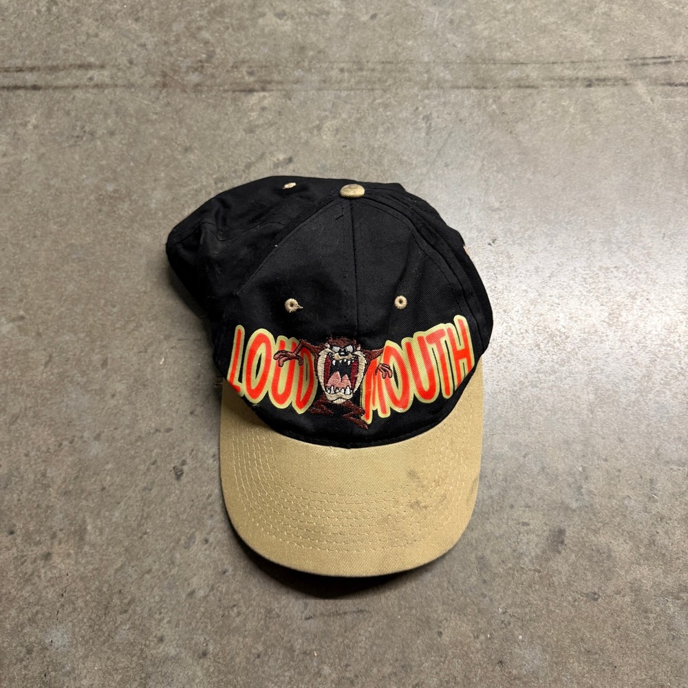Vintage 1996 Looney Tunes Taz Loud Mouth Snapback Hat Black Tan Warner Bros Cap